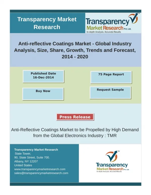Anti-reflective Coatings Market- Global Industry Analysis, Size, Share and Forecast 2014-2020
