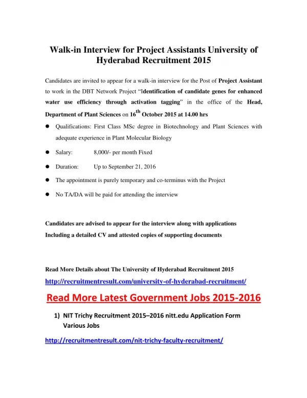 Walk-In Interview for Project Assistants University of Hyderabad Recruitment 2015