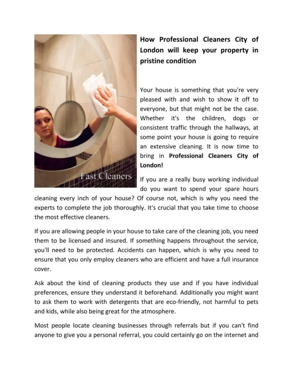 How Professional Cleaners City of London will keep your property in pristine condition