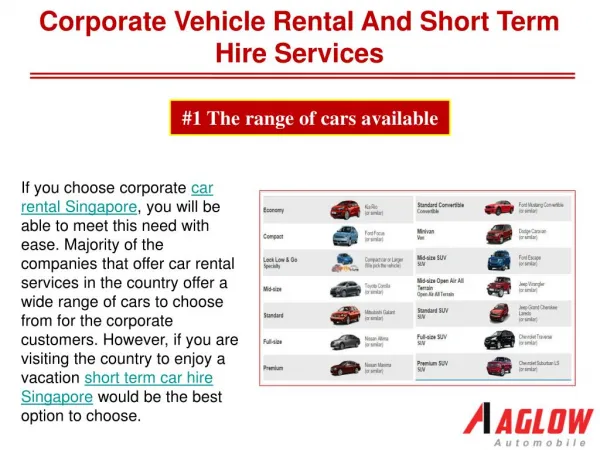Corporate vehicle rental and short term hire services