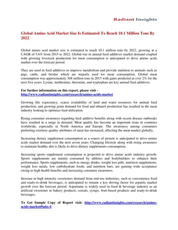Amino Acids Market Analysis and Forecast Study To 2022