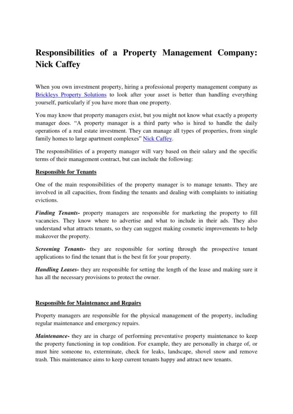 Responsibilities of a Property Management Company: Nick Caffey