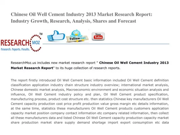 Chinese Oil Well Cement Industry 2013 Market Research Report