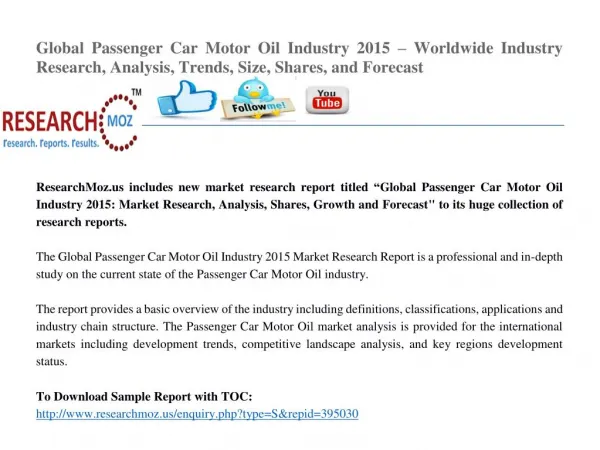 Global Passenger Car Motor Oil Industry 2015 Market Research Report