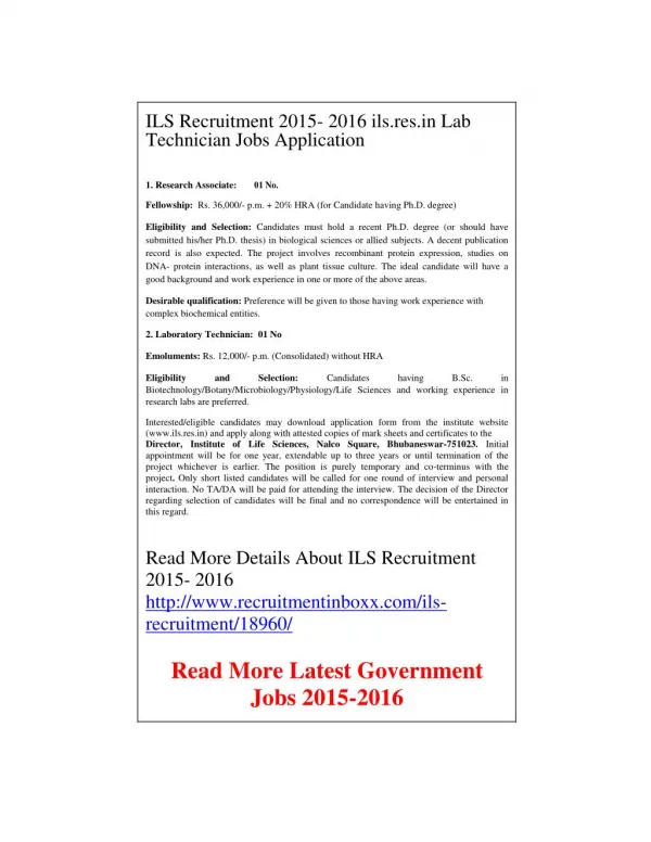 ILS Recruitment 2015- 2016 Ils.res.in Lab Technician Jobs Application