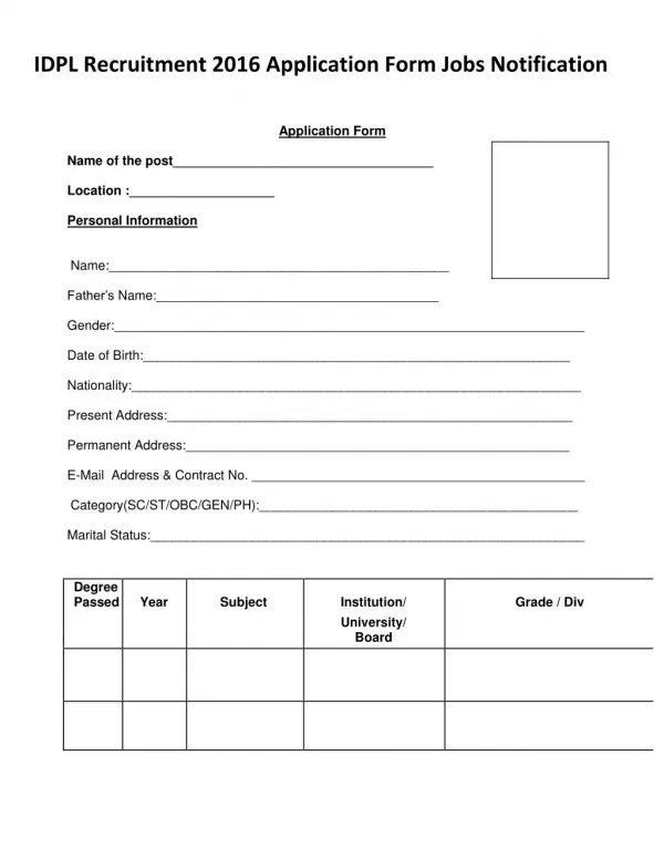 IDPL Recruitment 2016 Application Form Jobs Notification
