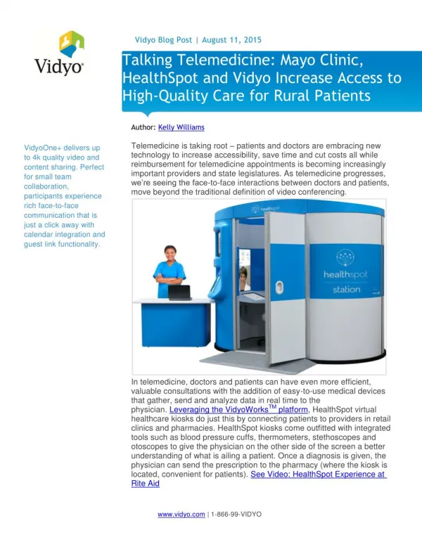Mayo Clinic, HealthSpot & Vidyo Increase Access for Telemedicine