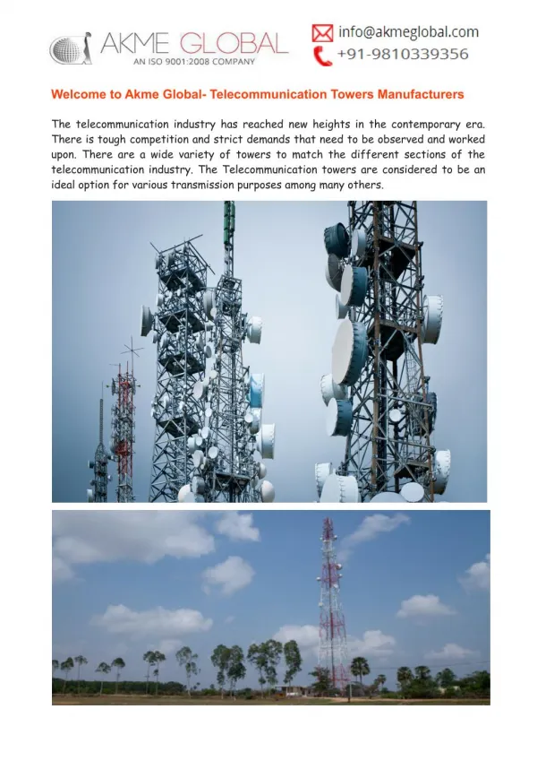 Telecommunication Towers Manufacturers India- Akme Global