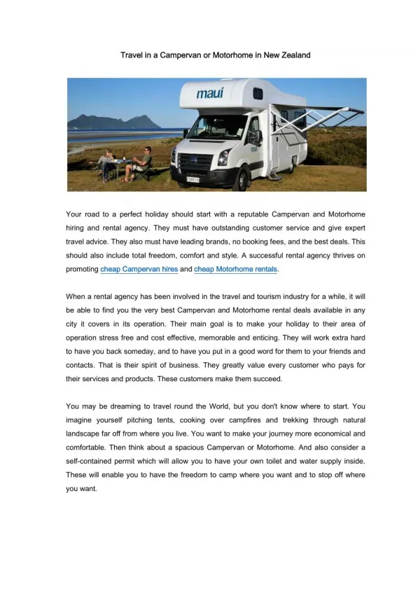 Travel in a Campervan or Motorhome in New Zealand