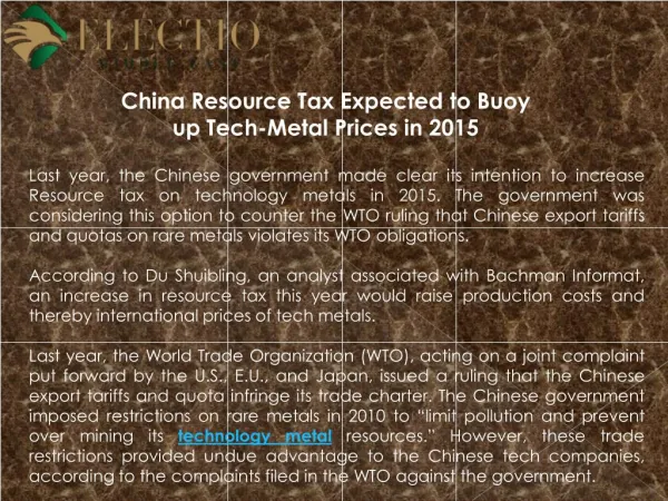 China Resource Tax Expected to Buoy up Tech-Metal Prices in 2015