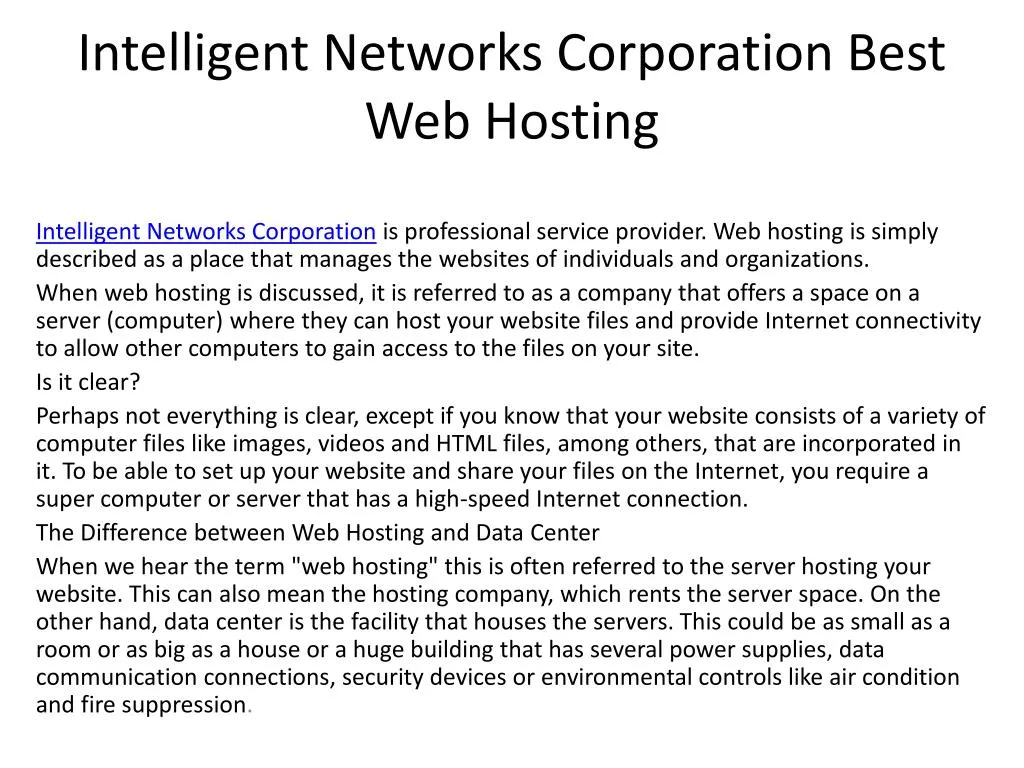 intelligent networks corporation best web hosting