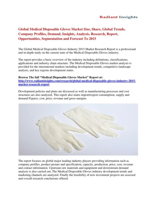 Medical Disposable Gloves Market Share, Development And Growth To 2015