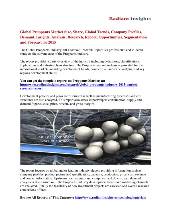 Global Proppants Market Analysis, Size, Share, Growth, Trends And Forecast To 2015