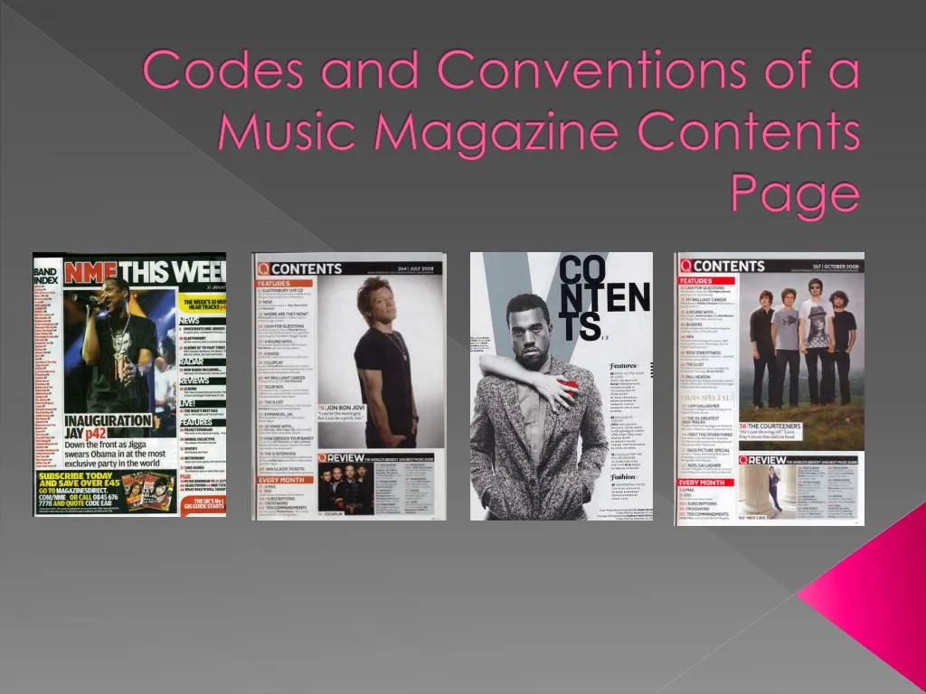 codes and conventions of a music magazine contents page