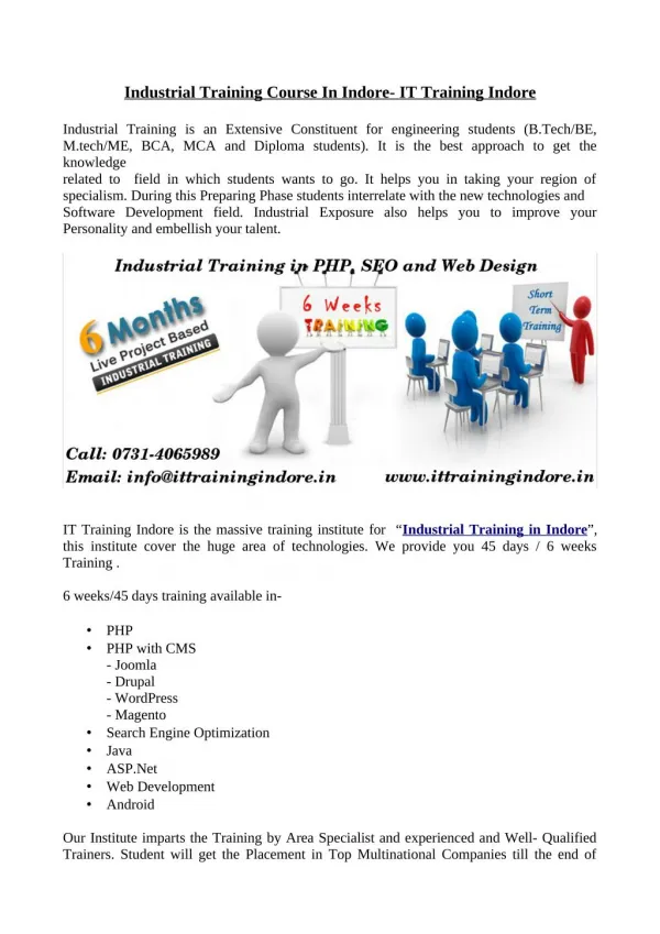 IT Training Indore- Industrial training course in Indore