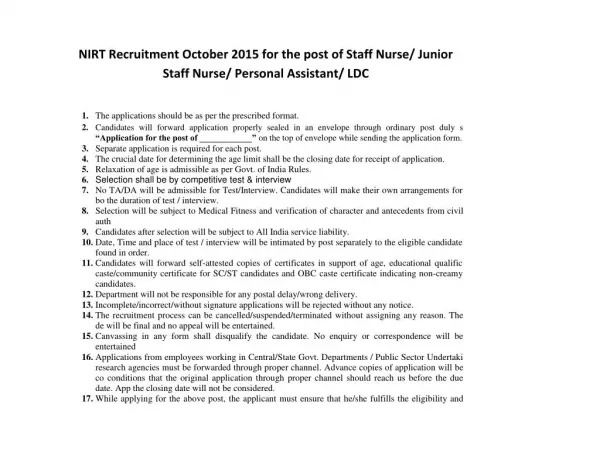 NIRT Recruitment October 2015 for the Post of Staff Nurse, Junior Staff Nurse, Personal Assistant, LDC