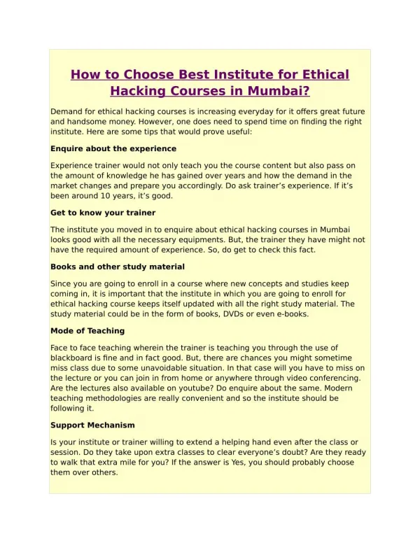 How to Choose Best Institute for Ethical Hacking Courses in Mumbai?