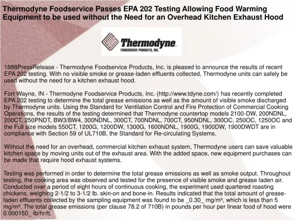 Thermodyne Foodservice Passes EPA 202 Testing Allowing Food Warming Equipment to be used without the Need for an Overhea