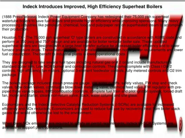 Indeck Introduces Improved, High Efficiency Superheat Boilers