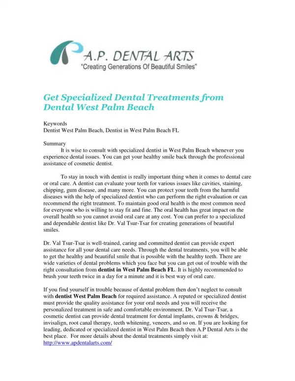 Get Specialized Dental Treatments from Dental West Palm Beach