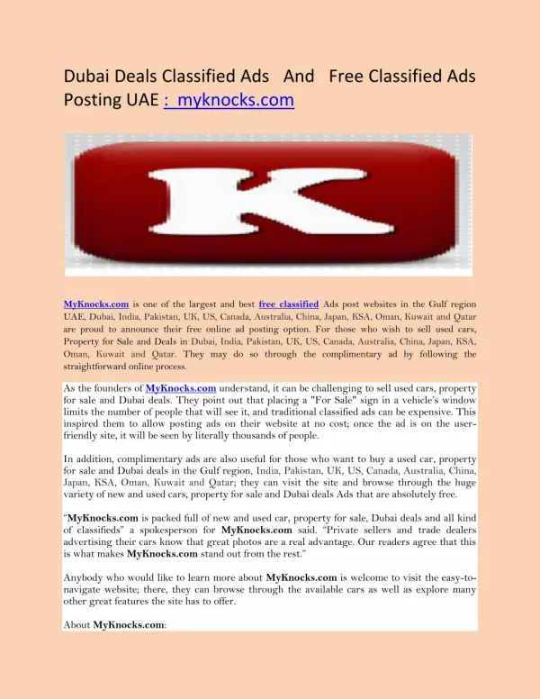 Dubai Deals Classified Ads And Free Classified Ads Posting UAE : myknocks.com
