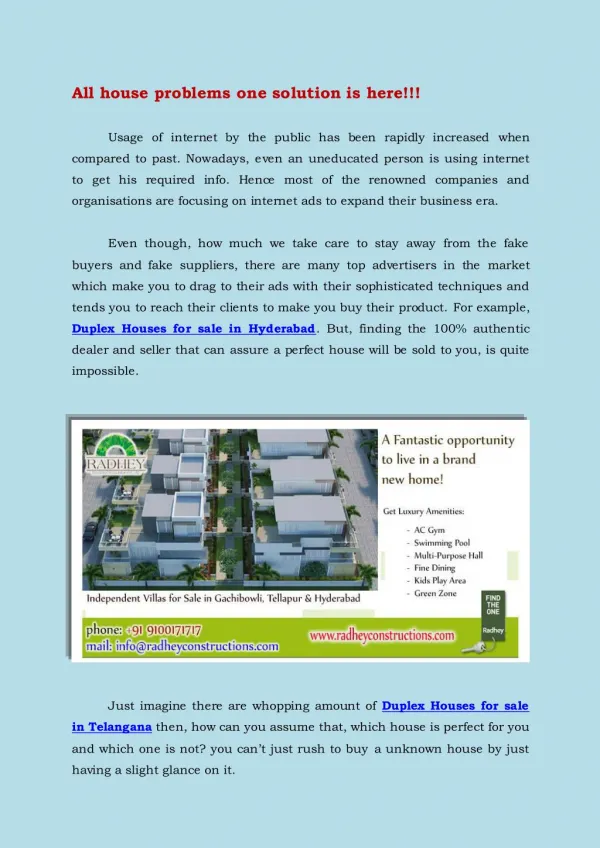 Duplex Houses for sale in Hyderabad