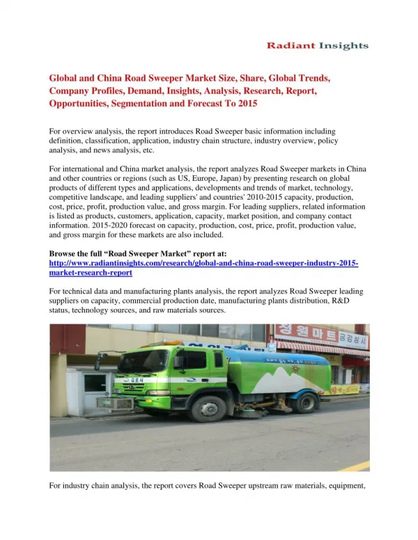 Global and China Road Sweeper Market Size Analysis And Forecast To 2015