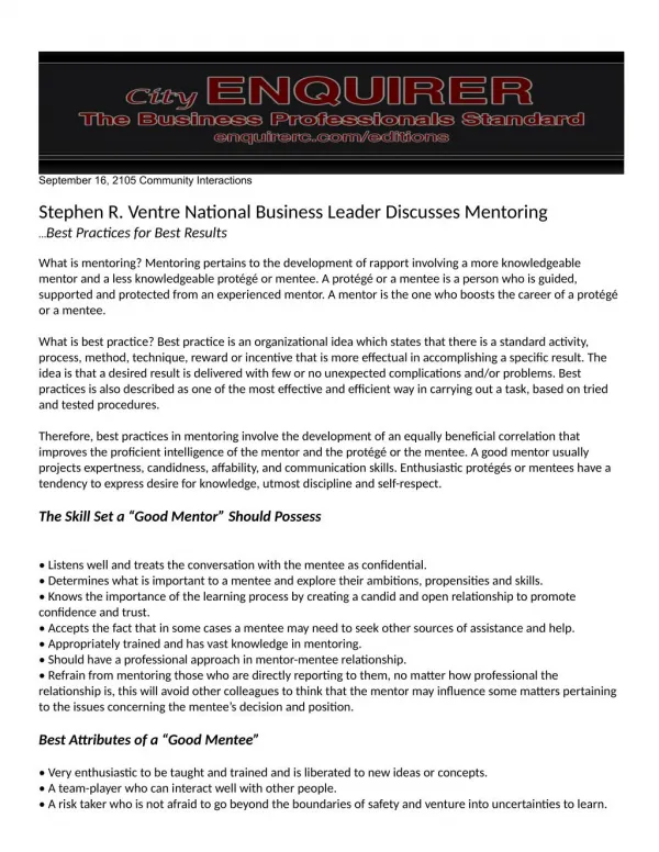 Stephen R. Ventre National Business Leader Discusses Mentoring