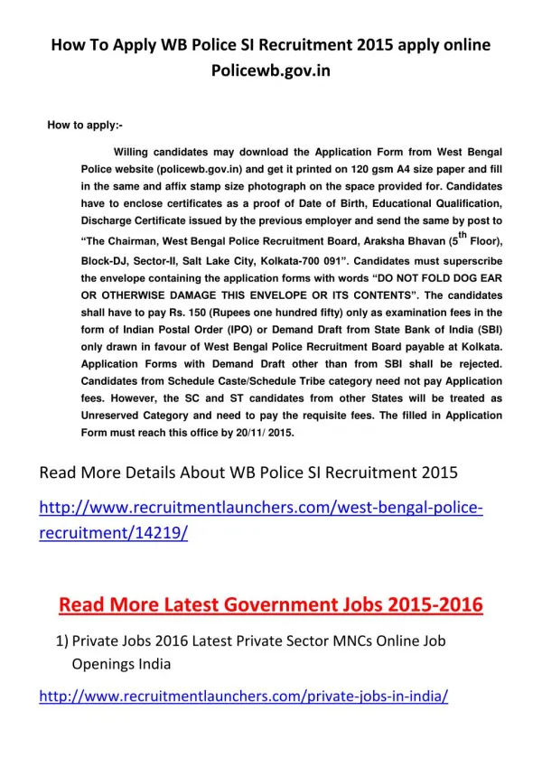 How to Apply WB Police SI Recruitment 2015 Apply Online Policewb.gov.In