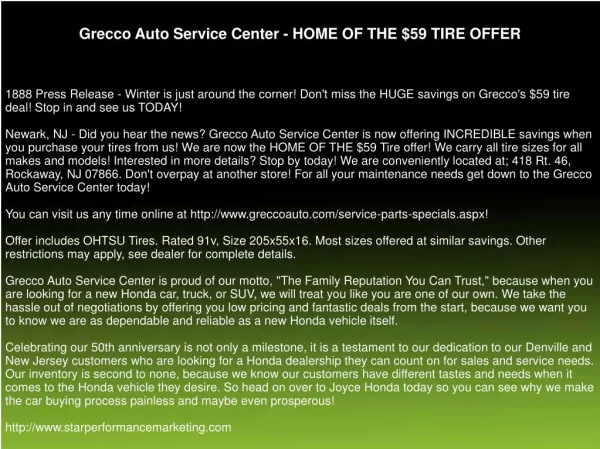 Grecco Auto Service Center - HOME OF THE $59 TIRE OFFER