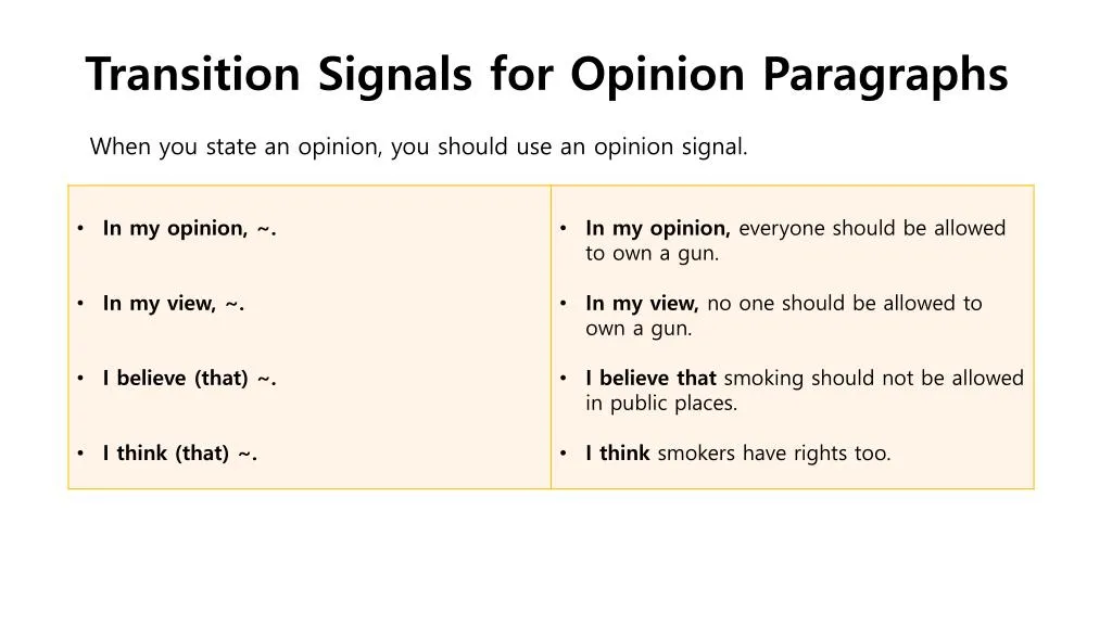 transition signals for opinion paragraphs