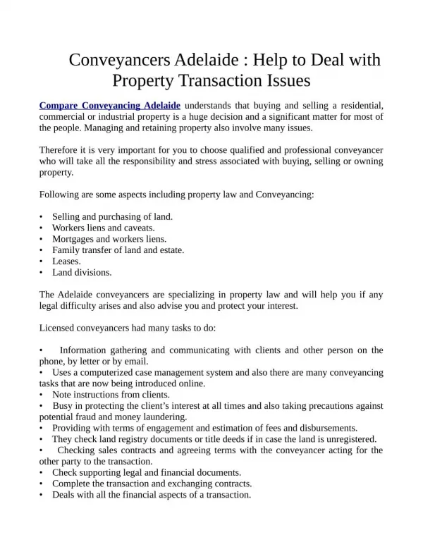 Conveyancers Adelaide : Help to Deal with Property Transaction Issues