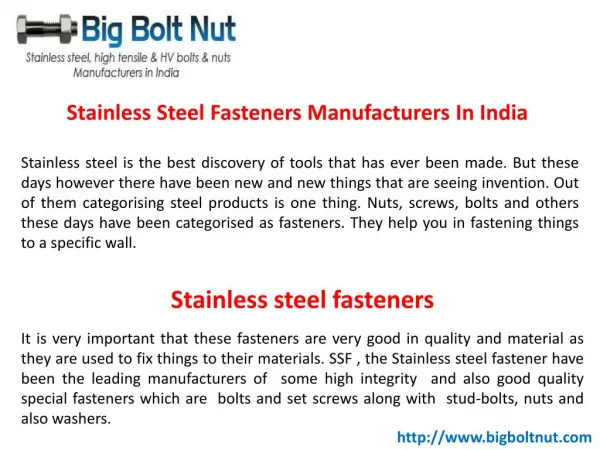 Stainless Steel Fasteners Manufacturers In India