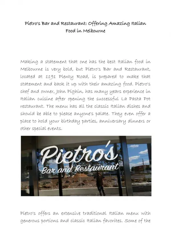 Pietro's bar and Restaurant Melbourne - Italian Foods
