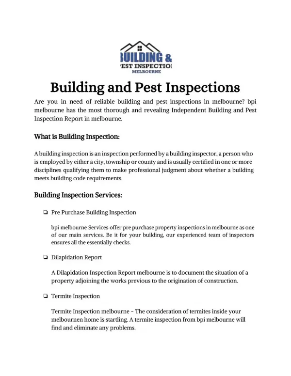 BPI Melbourne | Building Inspection Service