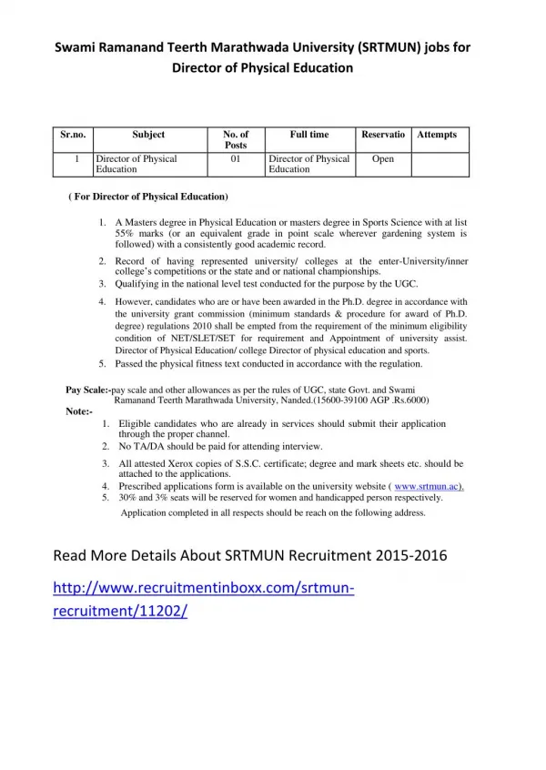 Swami Ramanand Teerth Marathwada University (SRTMUN) Jobs for Director of Physical Education