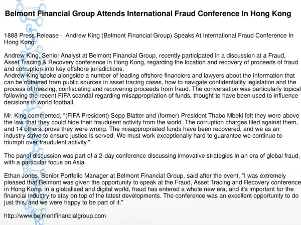 Belmont Financial Group Attends International Fraud Conference In Hong Kong