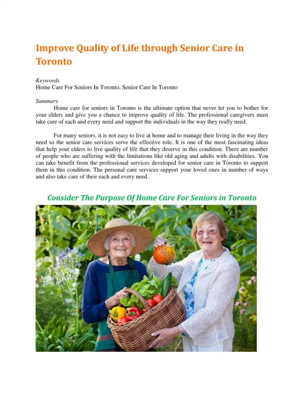 Improve Quality of Life through Senior Care in Toronto