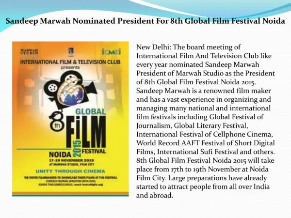 Sandeep Marwah Nominated President For 8th Global Film Festival Noida