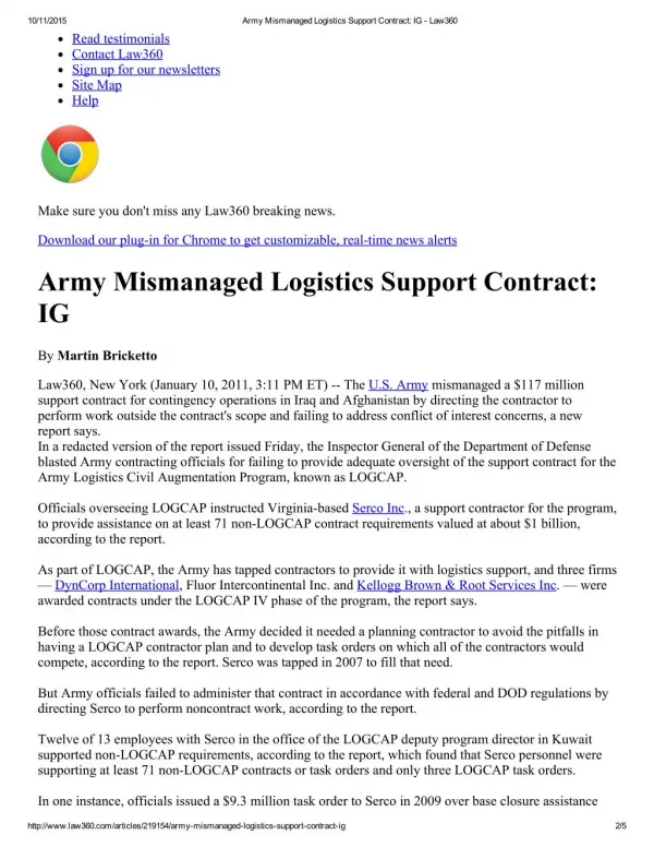 Blog 123 DOD IG Army Mismanaged Logistics Support Contract_ IG - Law360