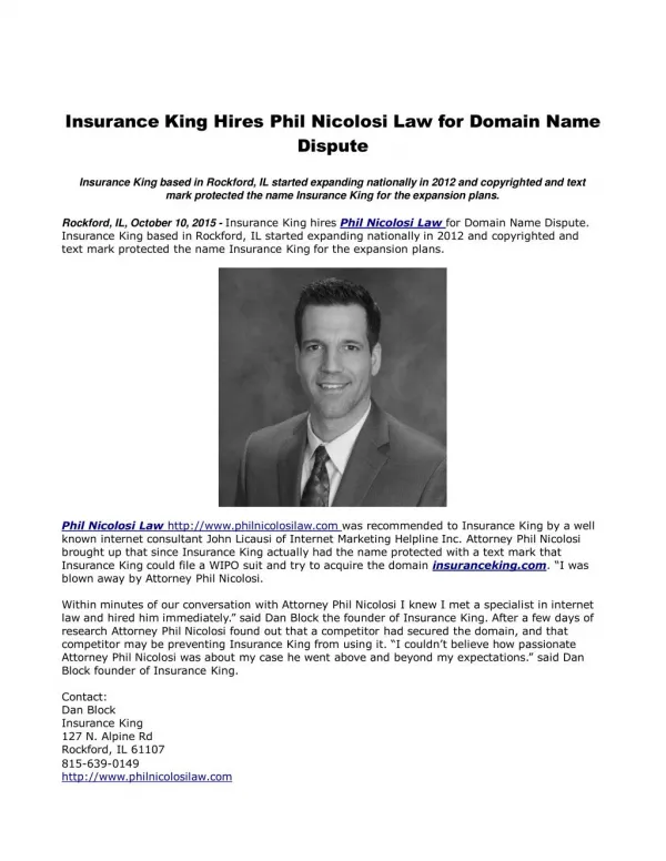 Insurance King Hires Phil Nicolosi Law for Domain Name Dispute