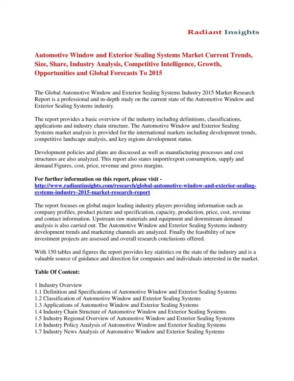 Automotive Window and Exterior Sealing Systems Market Share, Size, Development And Growth Report To 2015