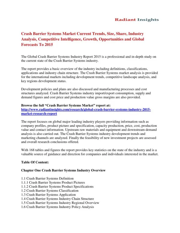 Crash Barrier Systems Market Share, Size, Trends, Growth, Competitive Strategies And Forecasts To 2015