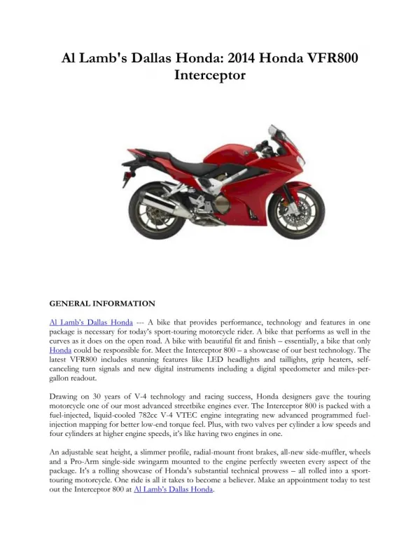 Al Lamb's Dallas Honda: 2014 Honda VFR800 Interceptor