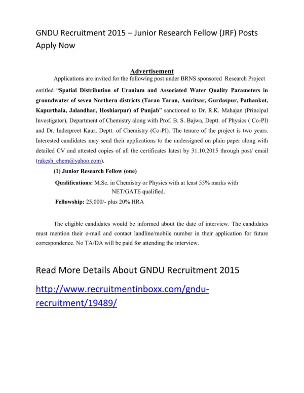 GNDU Recruitment 2015 – Junior Research Fellow (JRF) Posts Apply Now
