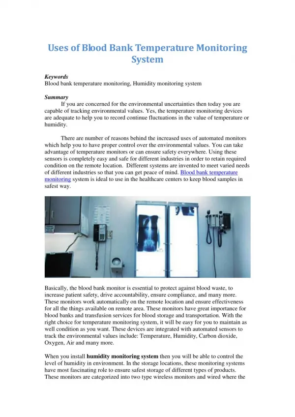 Uses of Blood Bank Temperature Monitoring System