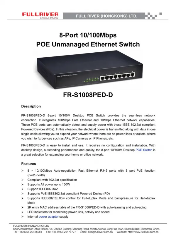8 Port Unmanaged POE Fast Ethernet Switch Supplier -OEM