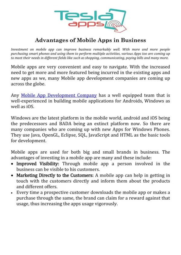Advantages of Mobile Apps in Business