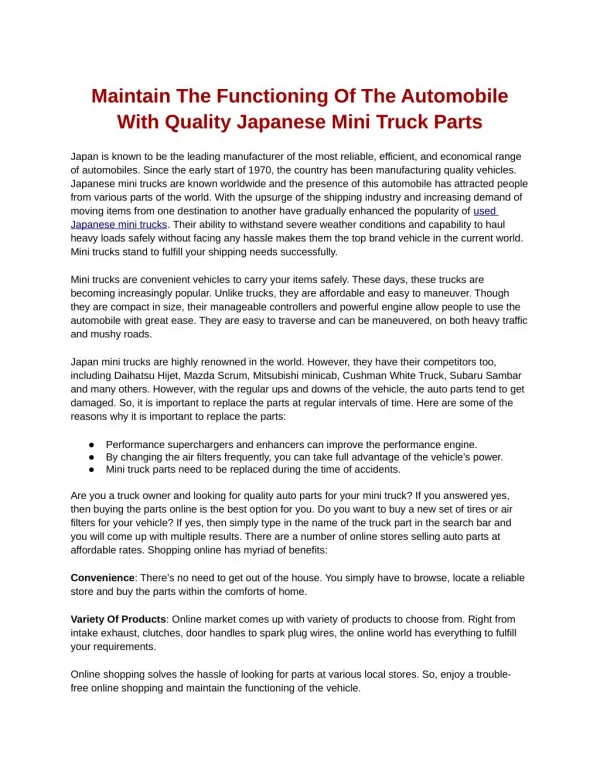 Maintain The Functioning Of The Automobile With Quality Japanese Mini Truck Parts