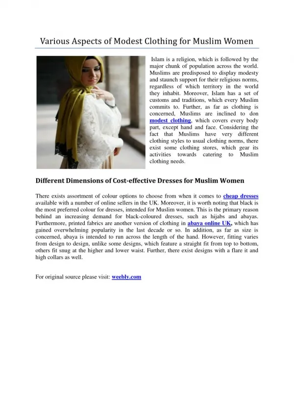 Various Aspects of Modest Clothing for Muslim Women